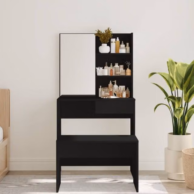 Berkfield Home Modern Dressing Table with Mirror in Black, W/D/H: 74.5 x 40 x 141 cm