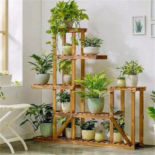 NESTLUNE Multi Tier Wood Flower Rack Plant Stand in Brown, H 96 cm x W 15 cm x D 15 cm – 1