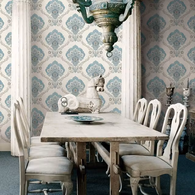 Wallquest Chatsworth Classic Damask Floral Wallpaper in Blue, White, Gold and Grey