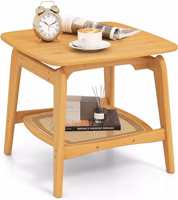 Costway Mid-Century Brown Bamboo and Rattan Square Side Table