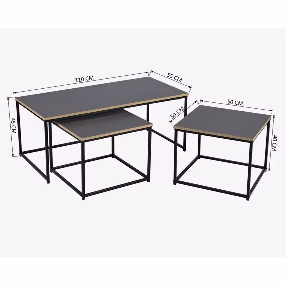 VOGREX 3-Piece Nesting Coffee Table Set with Black Metal Industrial Frame and Brown Wood Tops – 2