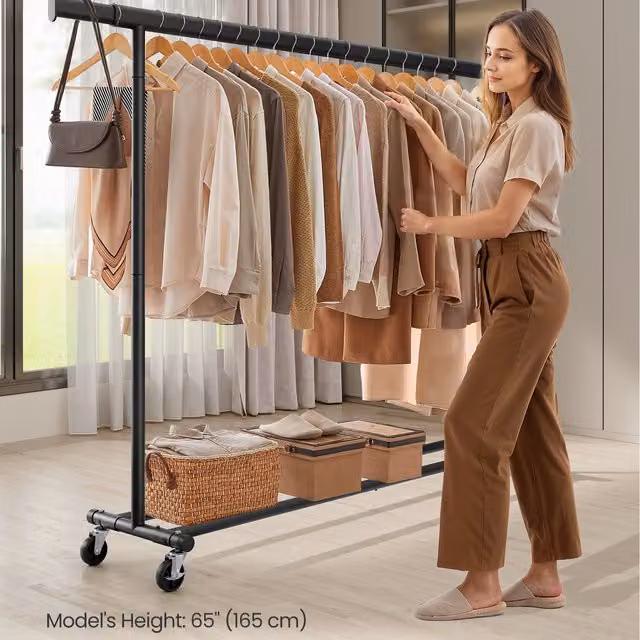 SONGMICS Heavy Duty Clothes Rack on Wheels with Extendable Rail, Black