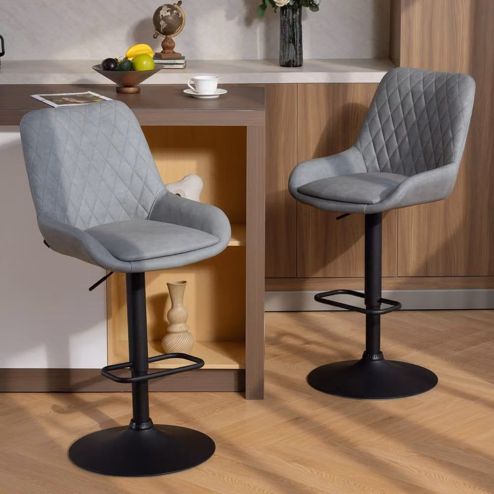 STILVORA Set of 2 Grey Synthetic Leather Bar Stools with 360 Degree Swivel and Adjustable Height – 3