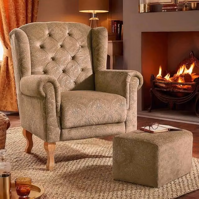 Coopers of Stortford Patterned Velvet Wingback Armchair and Footstool in Light Brown