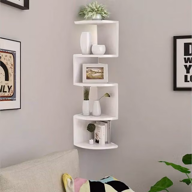 Ventryn 5 Tier Corner Floating Shelves Wooden Wall Mounted Storage Display Rack in White