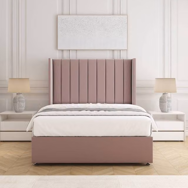 BSSPOKE Hannah King Size Divan Bed Set with 54 inch Headboard and Mattress in Pink Plush Velvet, W/D/H: 180 x 200 cm