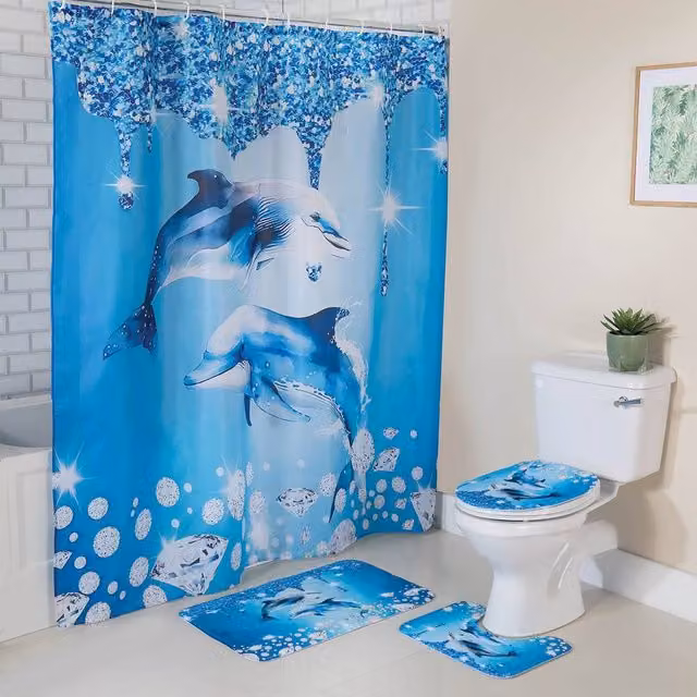Coopers of Stortford 4-Piece Blue Dolphin Bathroom Set including Shower Curtain, Bath Mat, WC Pedestal Mat and WC Lid Cover – 1