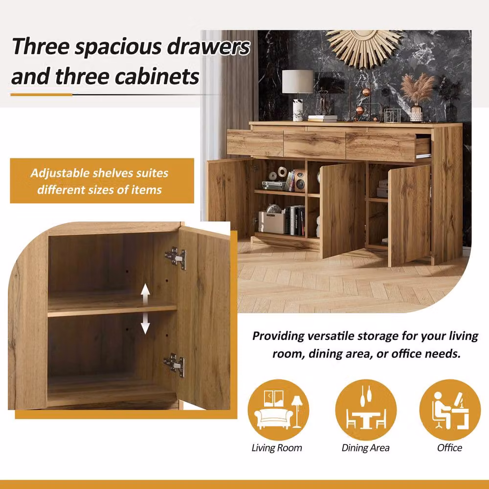 Rolipo Oak Finish Farmhouse Buffet Cabinet Sideboard with 3 Drawers in Brown – 4