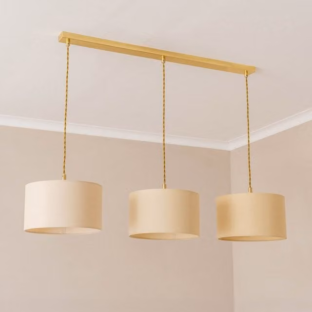 Reni Brushed Gold 3 Drop Bar Ceiling Pendant Light in Natural with Metal and Fabric Details