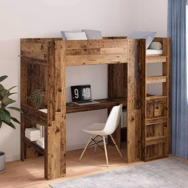 Berkfield Home Loft Bed Frame with Desk in Brown Engineered Wood, W/D/H: 200 x 100 x 141.5 cm