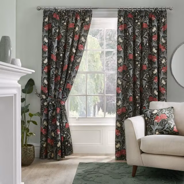 Terrys Green Floral Cotton Pencil Pleat Curtains with Thermal Insulation