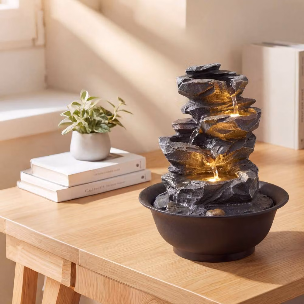 Gymax Desktop Cascading Water Fountain with LED Light in Black – 5