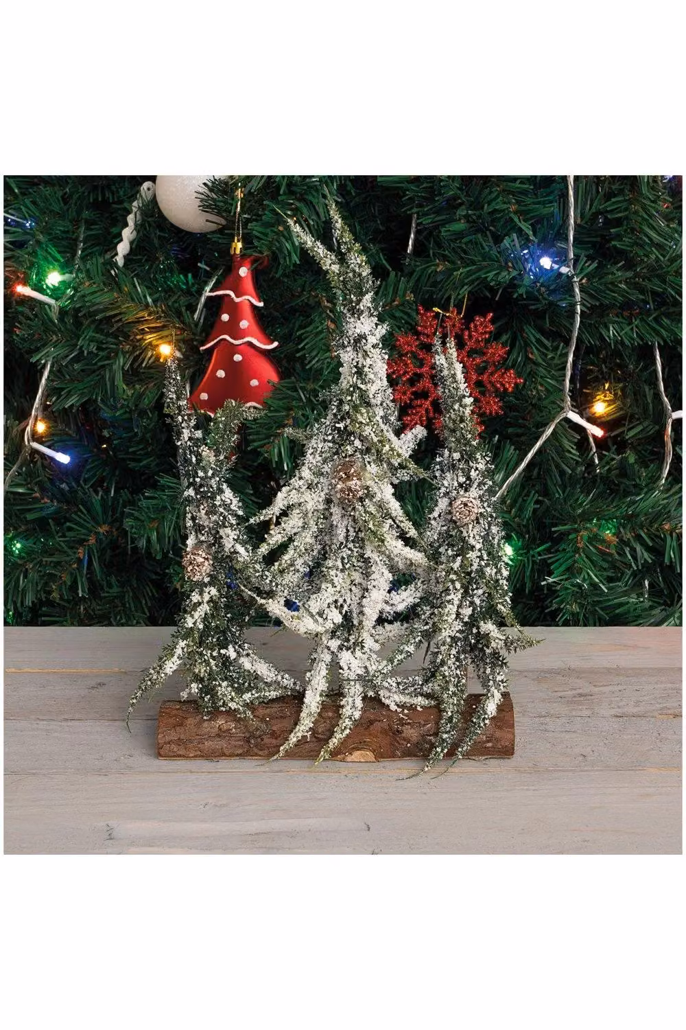 Netagon Green Decorative Snow Topped Mini Tabletop Christmas Tree Display on Rustic Wood Log, H: 30.0 cm x W: 19.5 cm x D: 3.0 cm – 2