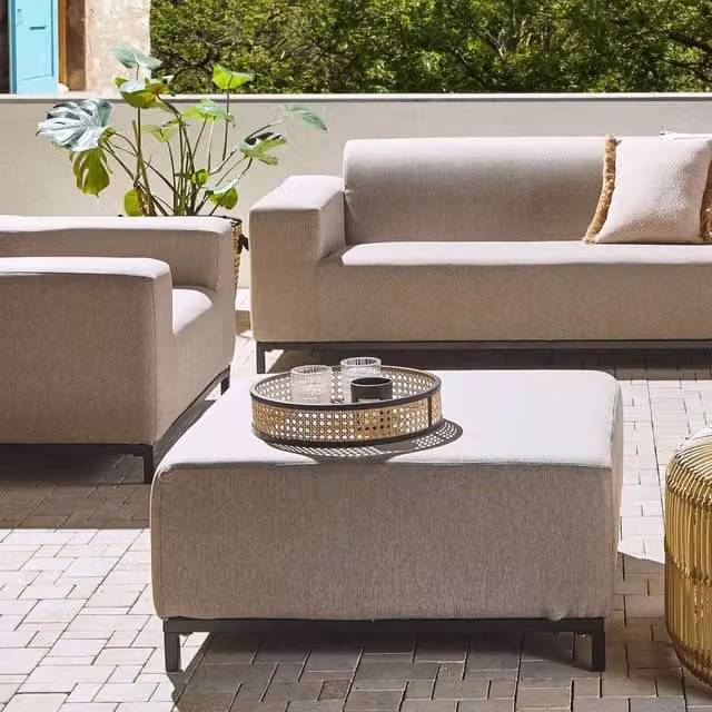 Wyld Haus Beige Fabric Ottoman with Black Powder Coated Aluminium Legs, W/D/H: 83 x 38 x 38 cm