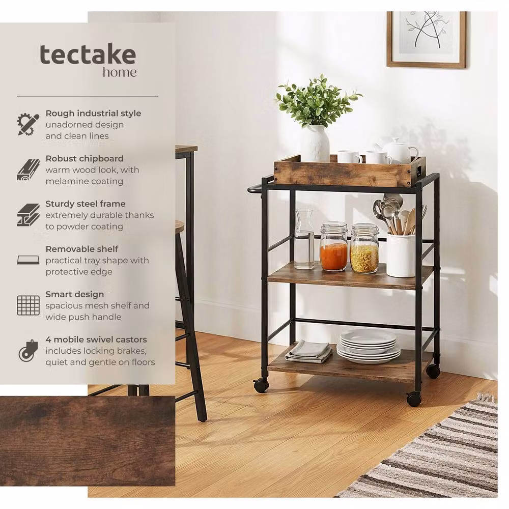 tectake Worcester Drinks Trolley in Brown with Rustic Wood and Metal Finish – 2