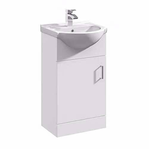 Nuie Mayford Gloss White Freestanding Bathroom Cabinet and Basin with Soft Close Hinged Doors W/D/H: 45 x 44 x 83.6 cm
