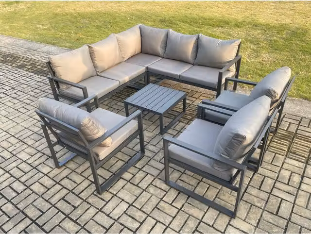 Fimous 8 Seater Outdoor Aluminium Garden Corner Lounge Sofa Set in Dark Grey with Coffee Table