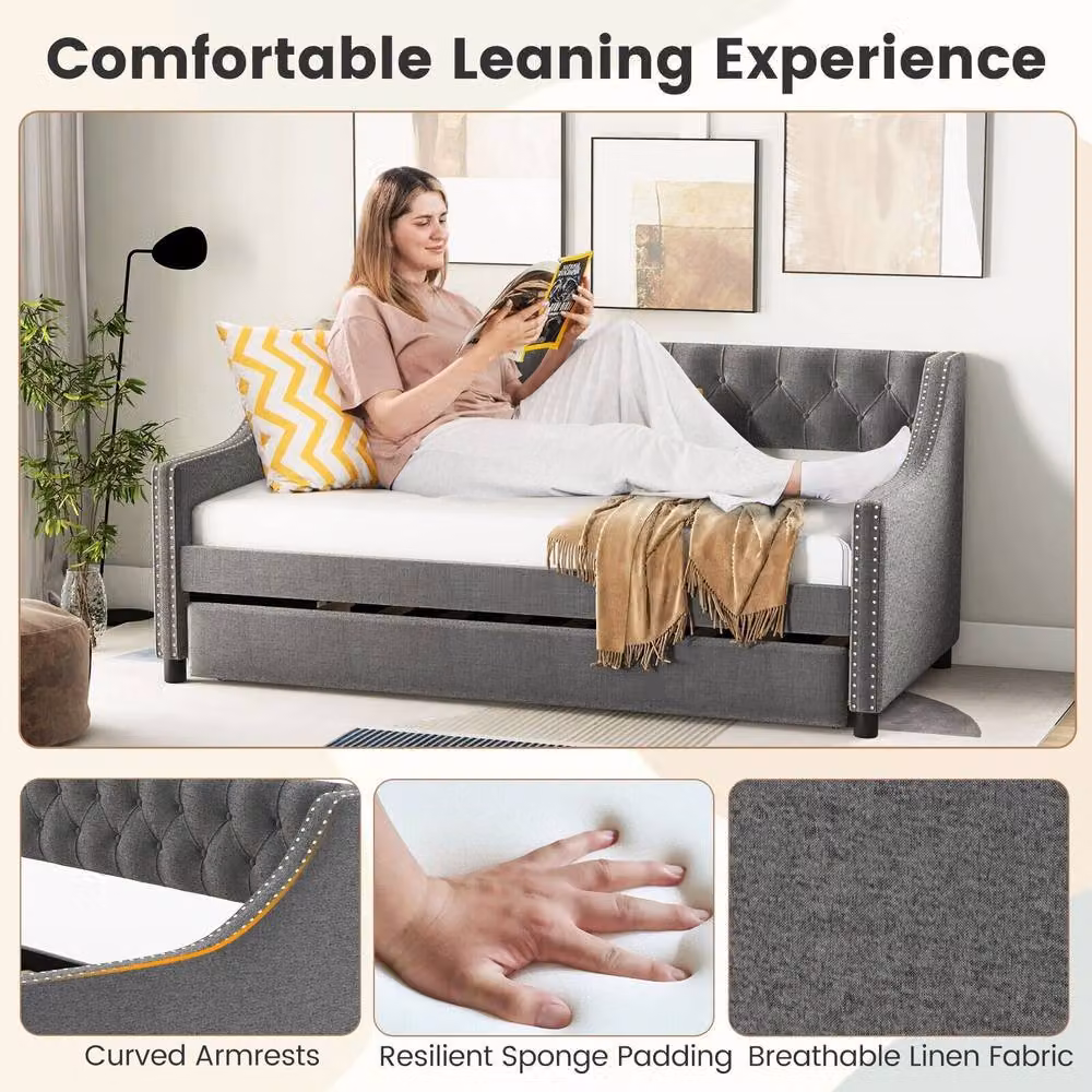 Costway Grey Linen Upholstered Single Size Daybed with Trundle Bed Frame – 6