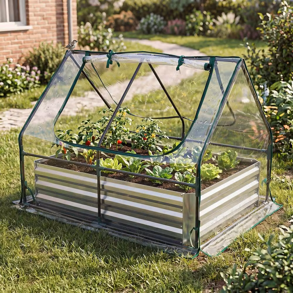 Costway Raised Garden Bed with Cover and 2 Windows, Galvanised Metal Planter Box in Silver – 2