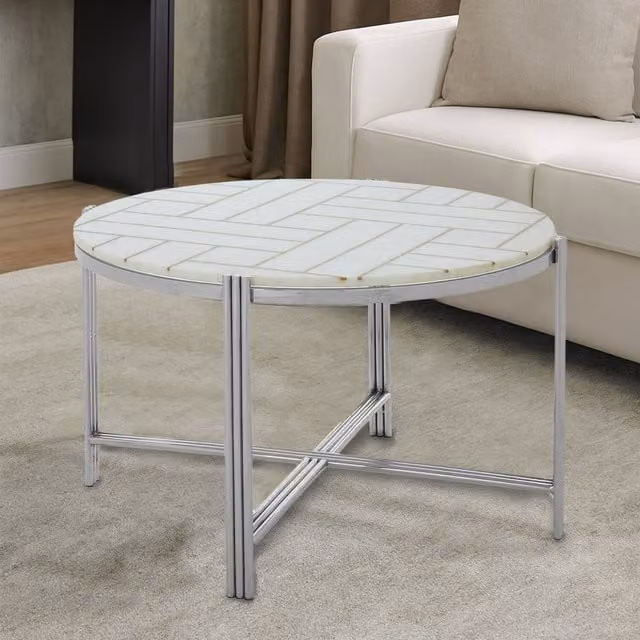 Orsina Round White Marble Top Coffee Table with Silver Finish – 1