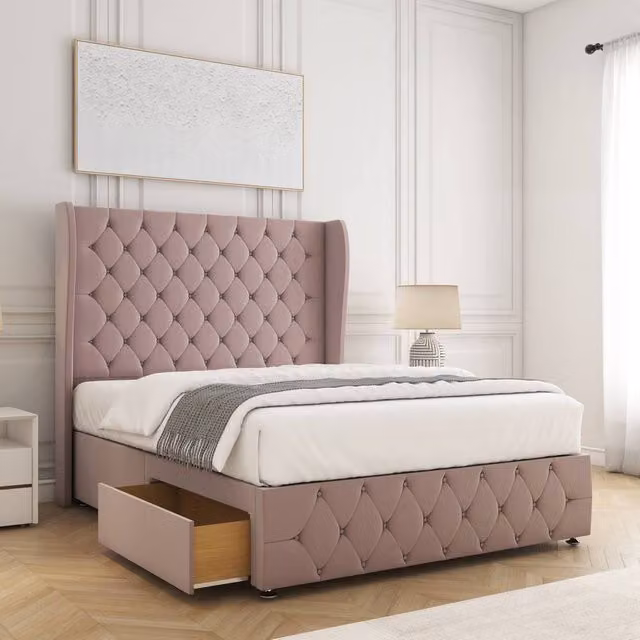 BSSPOKE Faye Velvet Divan Bed Set in Pink with Headboard, 2 Drawers and Mattress, Small Double, W/D/H: 120 x 200 cm