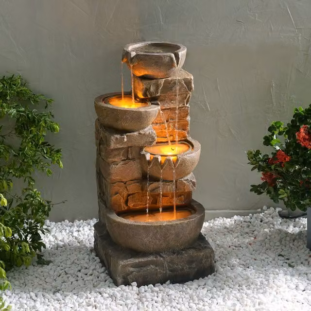 Teamson Home Brown 4 Tier Cascading Outdoor Water Feature with LED Lights