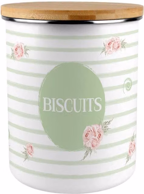 Purely Home Floral Roses and Stripes Extra Large Metal Biscuit Tin in Green, White and Pink
