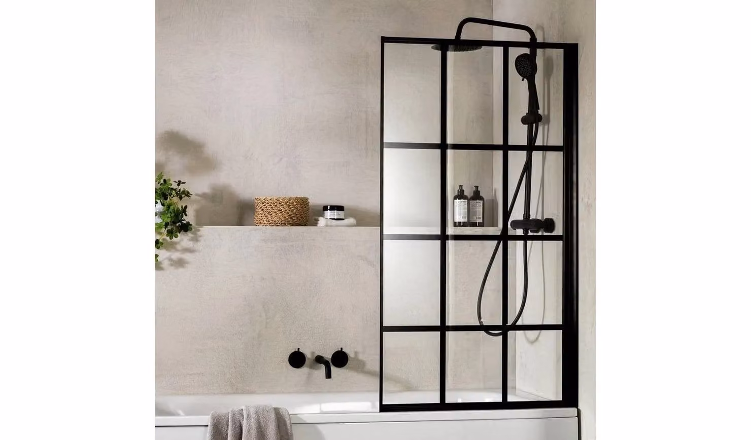 Cheap Furniture Warehouse Crittall Hinged Bath Shower Screen in Black with Clear Glass, W: 137.5 cm, H: 75 cm