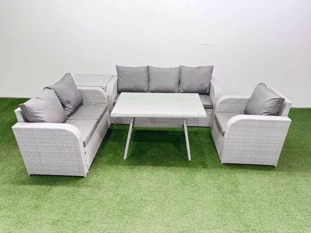 Fimous Patio Dining Table and Chairs Set with Reclining Chair and Side Table in Light Grey