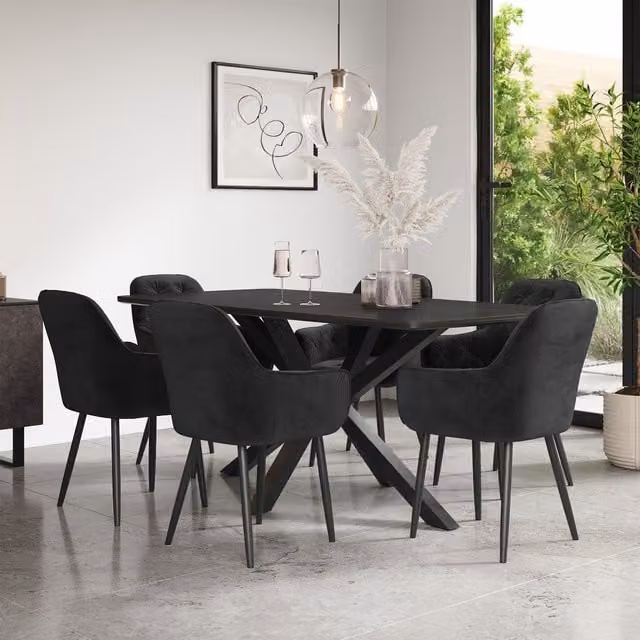 More4Homes Juno Concrete Ceramic Dining Table with 6 Anika Black Velvet Chairs