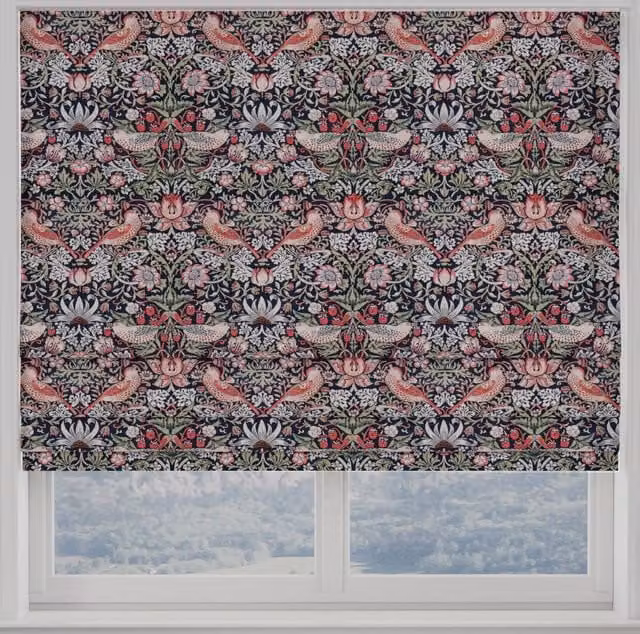 William Morris Strawberry Thief Made to Measure Blackout Roman Blind in Blue, Red and Multicolour Floral Design