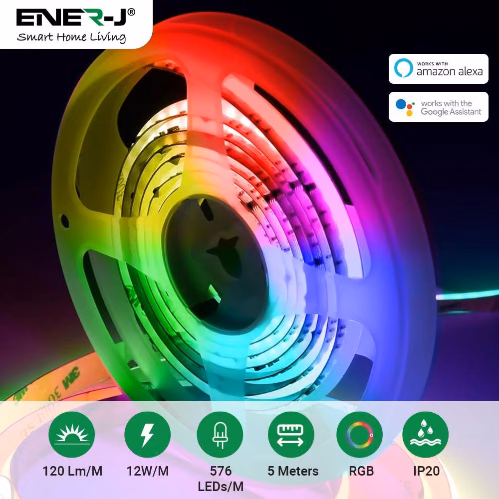 ENER-J Smart RGB COB LED Strip Light Kit, 5m, 24V, WiFi Dimmable, White and Multicolour – 2