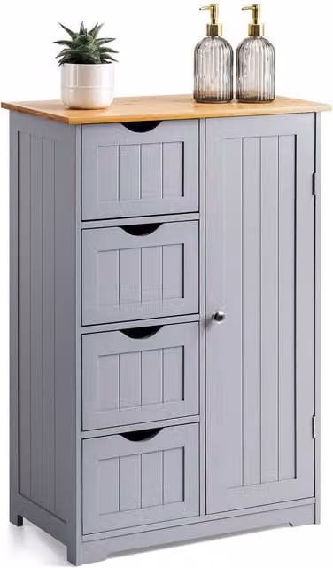 Christow Grey Bamboo Freestanding Bathroom Drawer Cabinet with 4 Drawers, H 82 x W 56 x D 30 cm