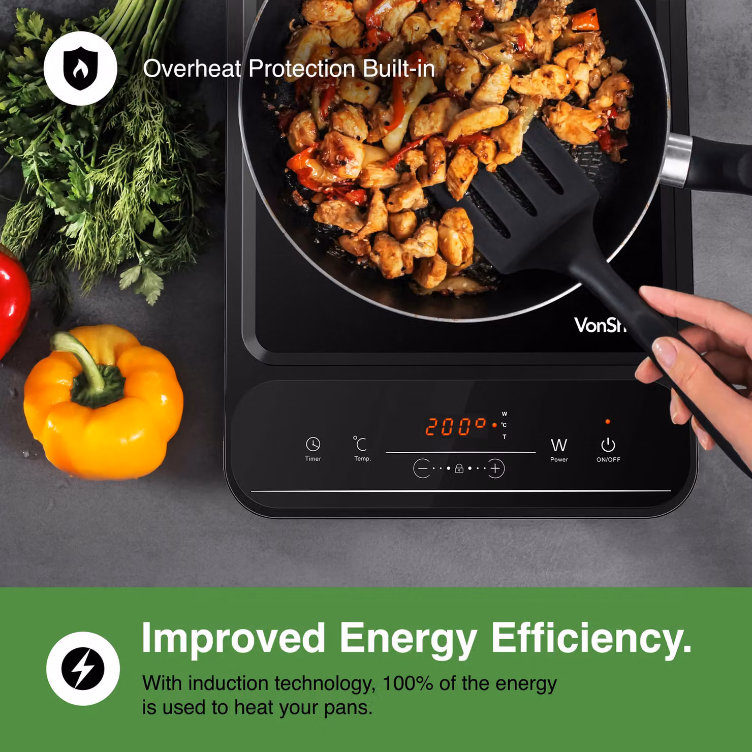 VonShef Single Portable Induction Hob with 2000W Power, LED Digital Display and Timer in Black – 2