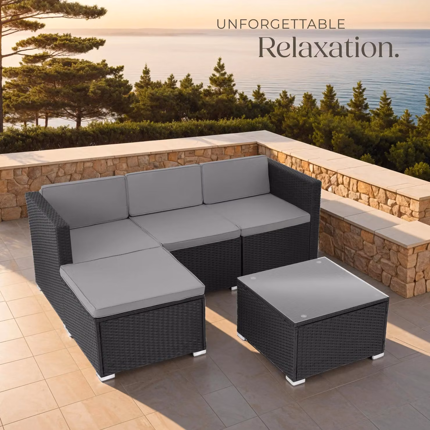 tectake Lignano Garden Furniture Set with Upholstered Cushions and Coffee Table in Black and Grey Polyrattan for 4 Adults – 7