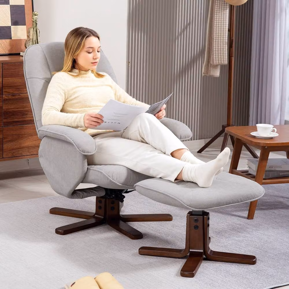 HOMCOM Swivel Recliner Chair with Footstool and Wooden Base in Light Grey – 2