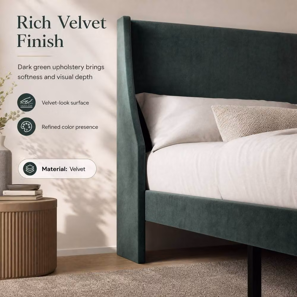 STILVORA Green Velvet Upholstered Double Bed Frame with Wingback Headboard, W/D/H: 140 x 200 x 96 cm – 6