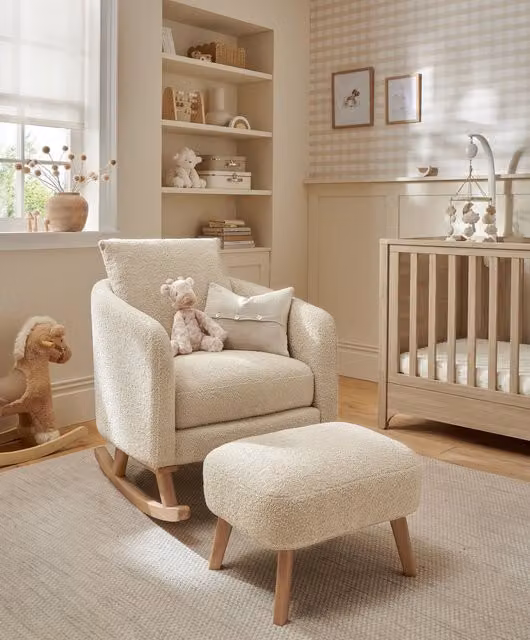 Mamas & Papas Alma Nursing Chair and Ottoman in White Bouclé with Solid Wood Frame