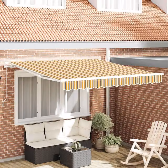Berkfield Home Manual Retractable Polyester Awning in Multicolour Stripe, W: 350 cm, D: 250 cm – 1