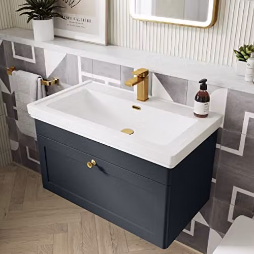 nuie Classique Traditional Wall Hung 1 Drawer Bathroom Vanity Unit with 1 Tap Hole Fireclay Basin, Soft Black – 2