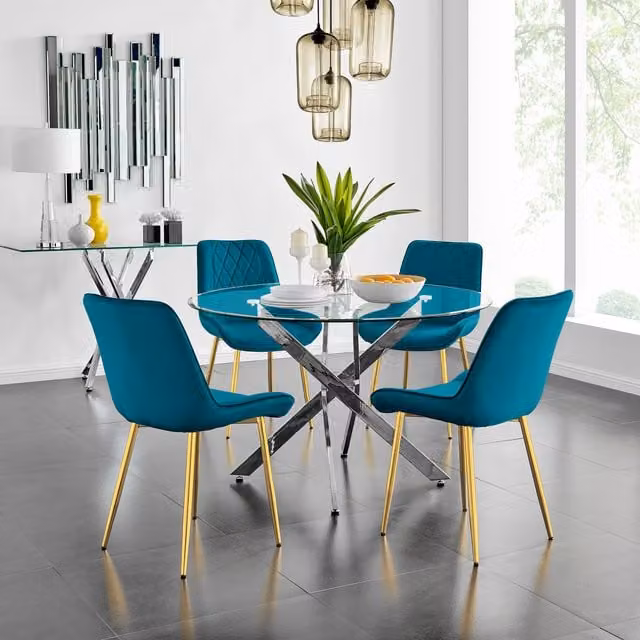 FurnitureboxUK Novara Gold Round Glass Dining Table and 4 Pesaro Gold Leg Chairs in Blue
