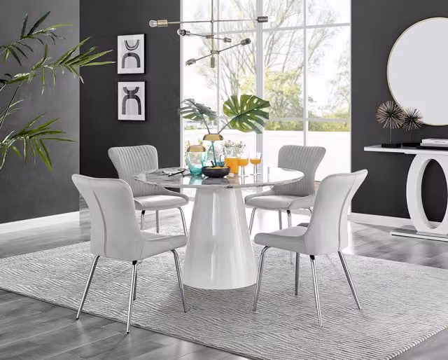 Furniturebox Palma White Marble Effect Round Dining Table and 4 Nora Silver Leg Chairs in Light Grey