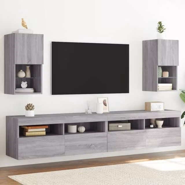 Berkfield Home Set of 2 Modern Grey Sonoma TV Cabinets with Integrated LED Lighting, W/D/H: 30.5 x 30 x 60 cm
