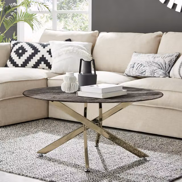 FurnitureboxUK Novara Round Coffee Table with Grey Marble Effect Glass Top and Gold Metal Legs