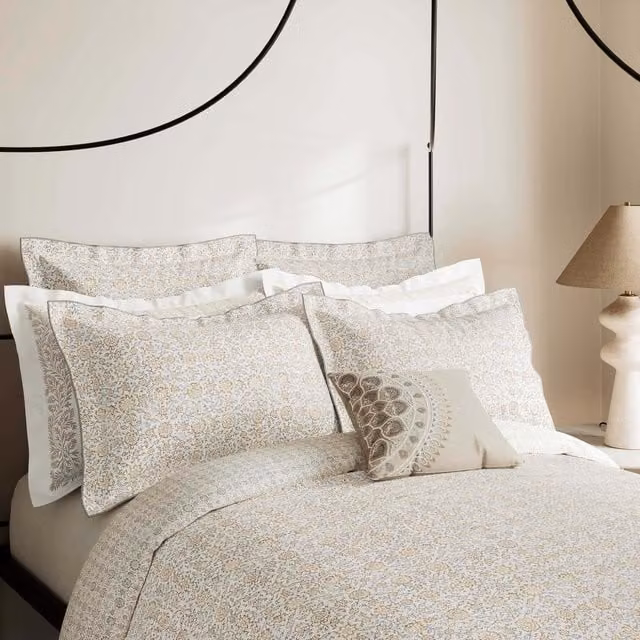 V&A Kerala Reversible Double Duvet Cover, Floral Cotton Percale, Beige and Grey