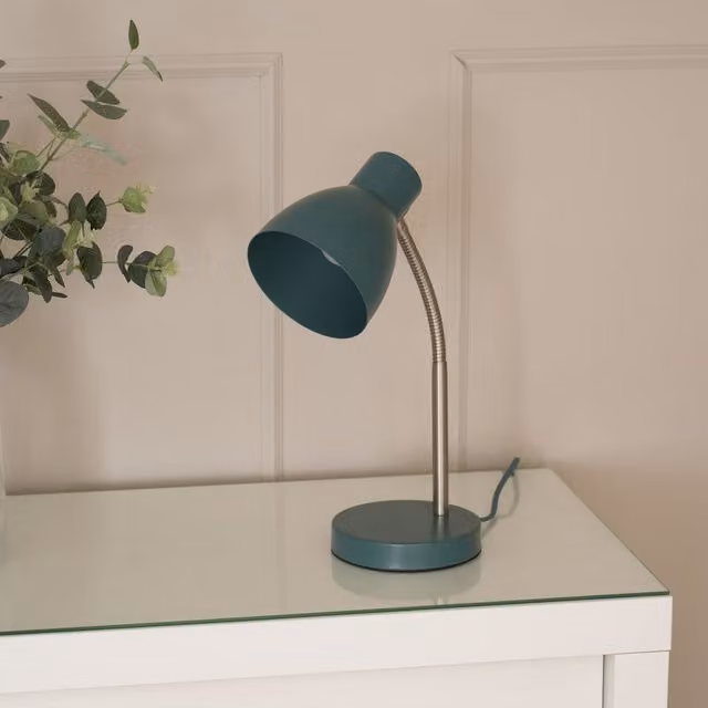 ValueLights Keela Adjustable Flexi Neck LED Desk Lamp in Blue with Wood Accents and Bulb Included