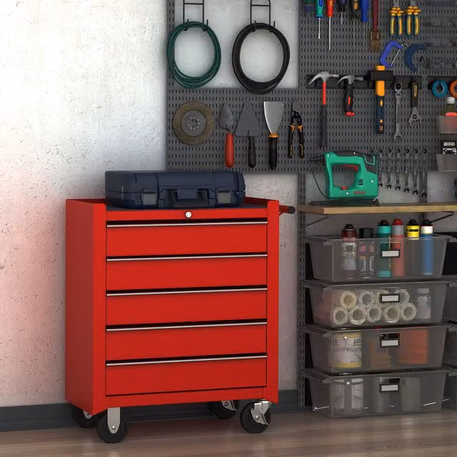 HOMCOM Red Steel Tool Trolley with 5 Lockable Drawers and Handle