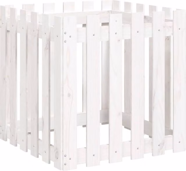 Berkfield Home Garden Planter with Fence Design in White, Solid Wood and Plastic, W/D/H: 60 x 60 x 60 cm