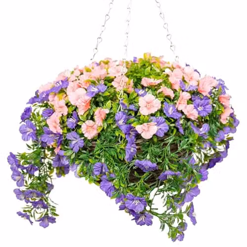 Primrose Large Artificial Petunia Flowers in a Green Rattan Hanging Basket, Pink and Purple