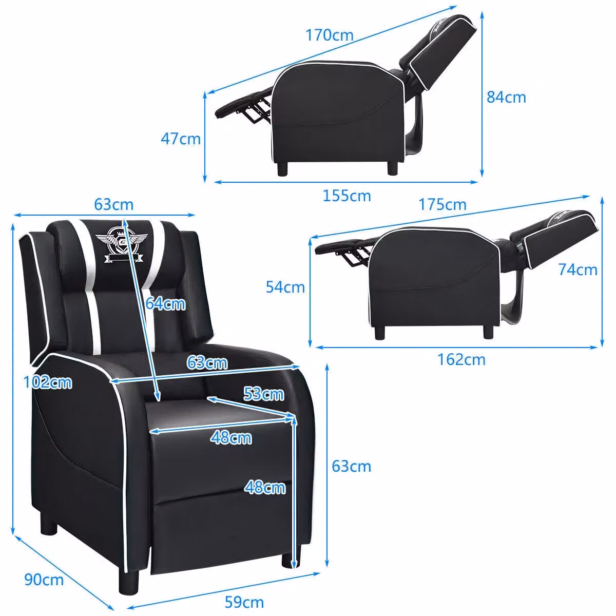 Costway White PU Leather Gaming Recliner Chair with Adjustable Footrest and Headrest – 2